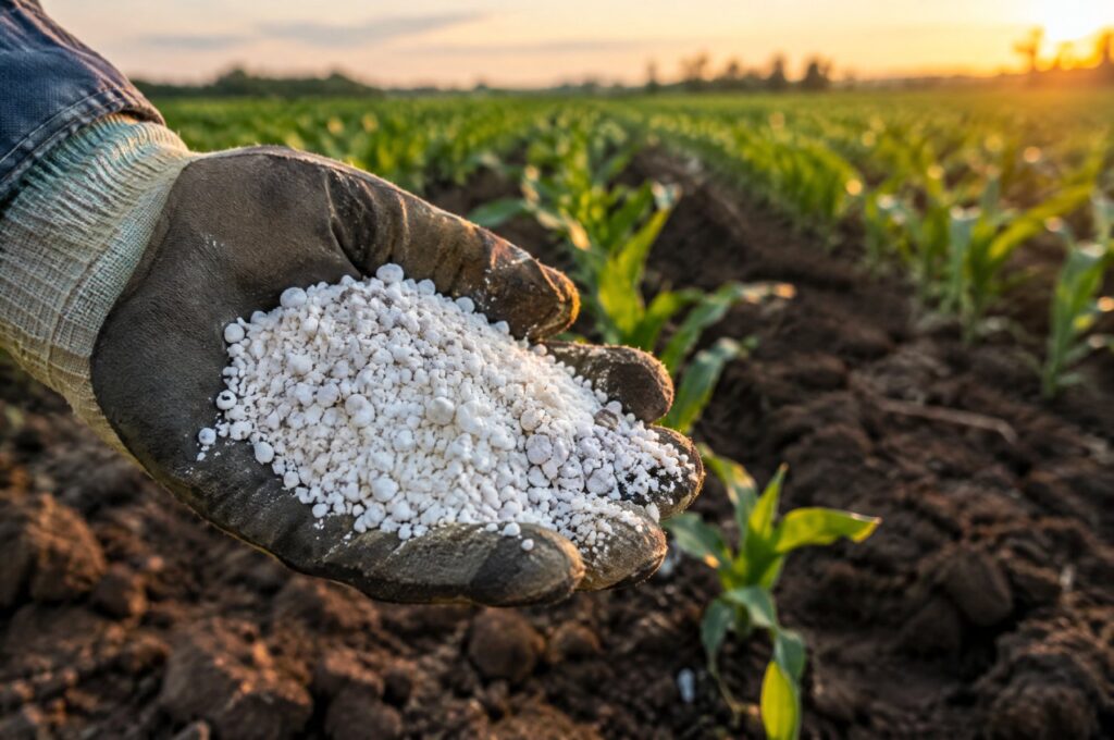 Hand holding agricultural aragonite over farm soil
