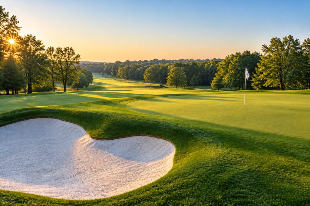 Golf green with a white sand bunker at sunrise