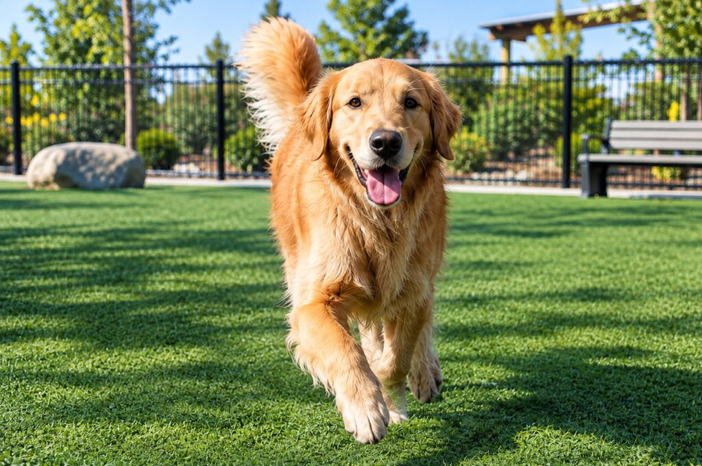 Golden retriever running on artificial turf in a dog park