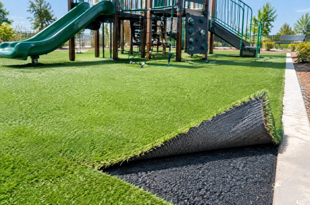 Playground turf peeled back to show the shock pad underneath